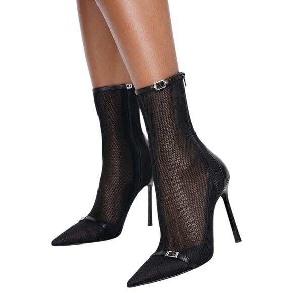 Saint Laurent Shoes - Saint Laurent Oxalis Black Mesh Pointed-Toe Ankle Boots